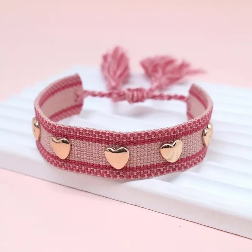 NEW| Women’s Pink Bohemian Embroidered Heart Shaped Stackable Tassel Bracelet